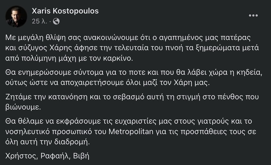 Χάρης Κωστόπουλος, Πέθανε