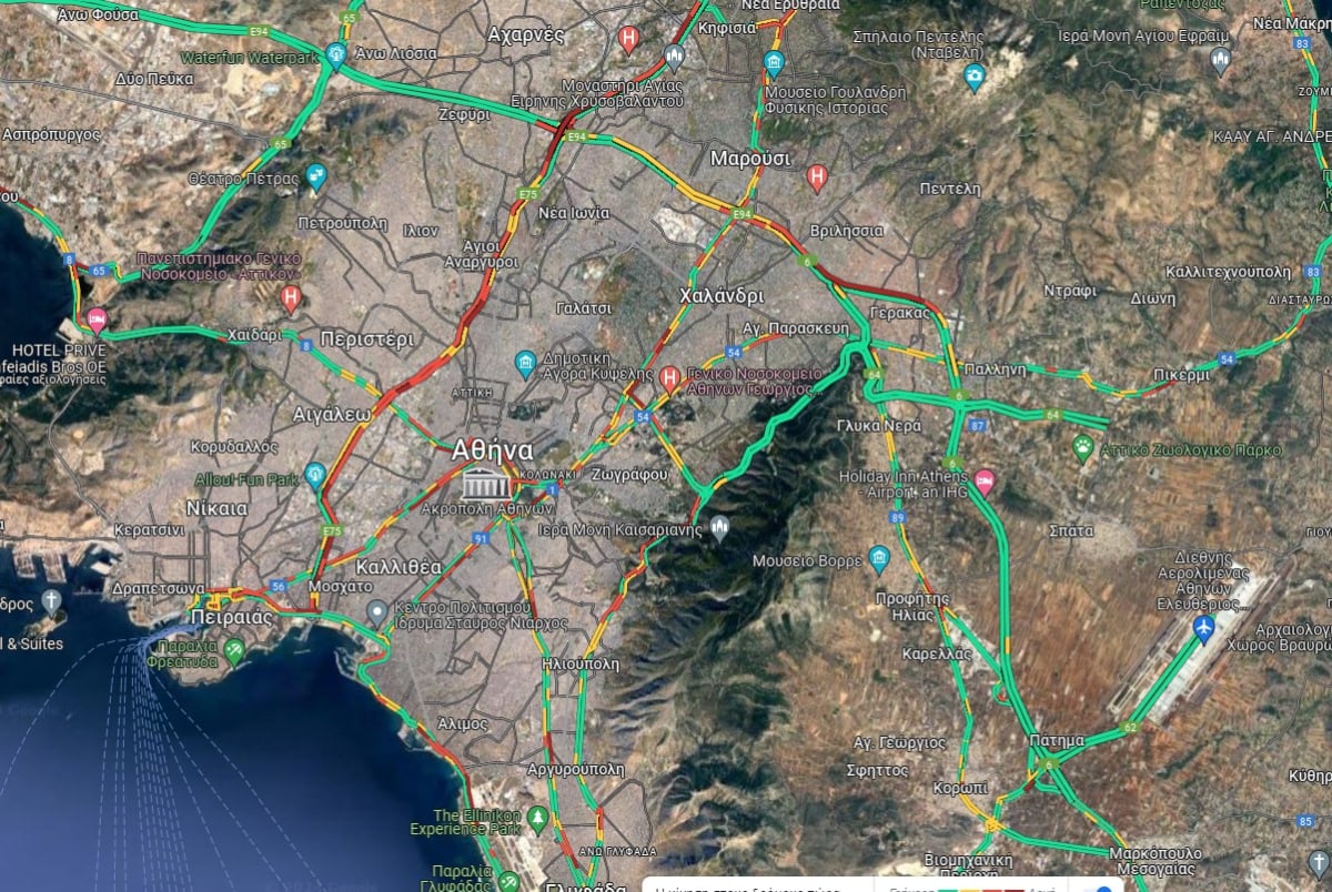 Κίνηση LIVE: Πού υπάρχουν προβλήματα στην Αττική - Οι δρόμοι (Χάρτης)