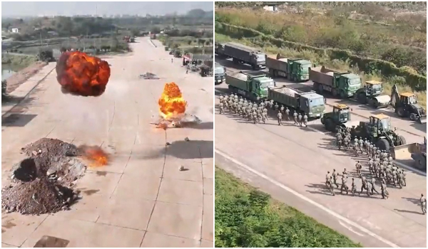 Οι Κινέζοι κάνουν ασκήσεις αποκατάστασης αεροδιαδρόμου μετά από βομβαρδισμό – Εντυπωσιακό βίντεο