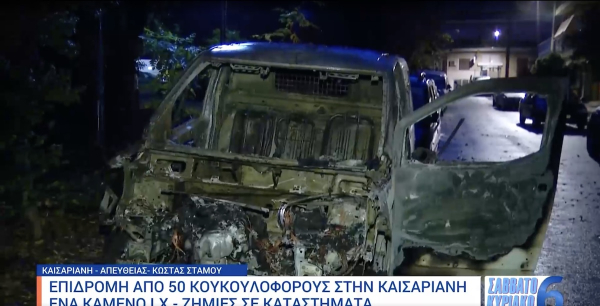Καισαριανή: Ένταση με 50 κουκουλοφόρους - Έκαψαν αυτοκίνητο, ζημιές σε καταστήματα
