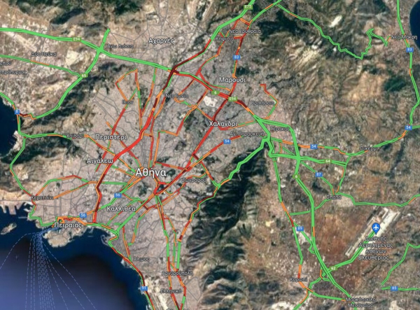 Κίνηση τώρα: Μποτιλιάρισμα ξανά στο λεκανοπέδιο - Οι δρόμοι με πρόβλημα (Χάρτης)