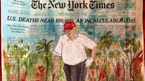 «Παρέμβαση» καλλιτεχνών στο ιστορικό πρωτοσέλιδο των ΝΥ Times με τους νεκρούς - Έβαλαν τον Τραμπ να παίζει γκολφ