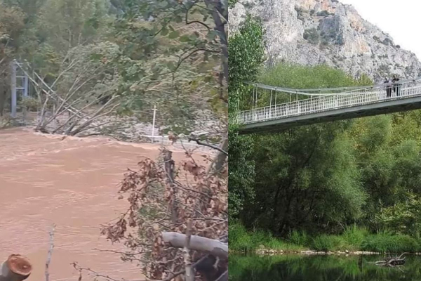 Τα νερά από τον Πηνειό έφτασαν τα 18 μέτρα - Κάλυψαν την κρεμαστή γέφυρα στην κοιλάδα των Τεμπών