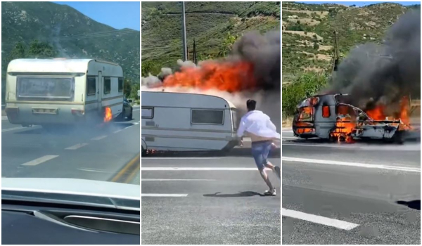 Βίντεο ντοκουμέντο: Το φλεγόμενο τροχόσπιτο που προκάλεσε φωτιά στα Τέμπη