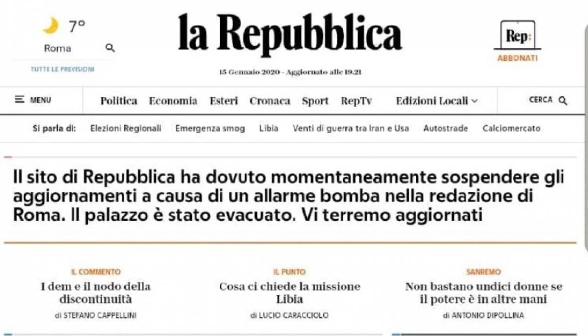 Συναγερμός για βόμβα στη «La Repubblica» – Εκκενώθηκαν τα γραφεία