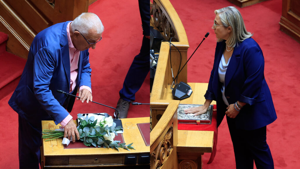 Λουλούδια στο έδρανο του Βεσυρόπουλου – Ορκίστηκε η Στέλλα Αραμπατζή