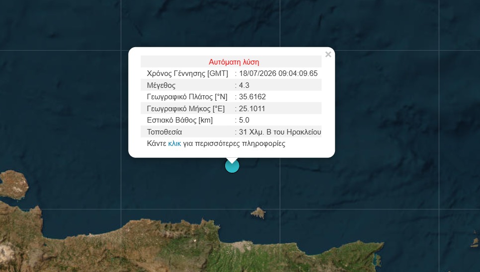 Σεισμός τώρα στην Κρήτη – 4,3 Ρίχτερ ανοιχτά του Ηρακλείου